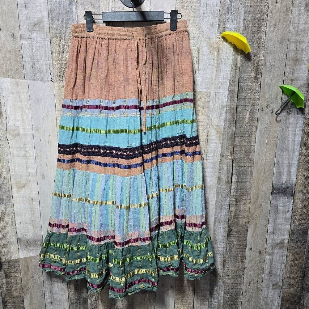 Natural Multicolor Colotblock Maxi Skirt Small Gypsy Boho Hippie Trendy Summer